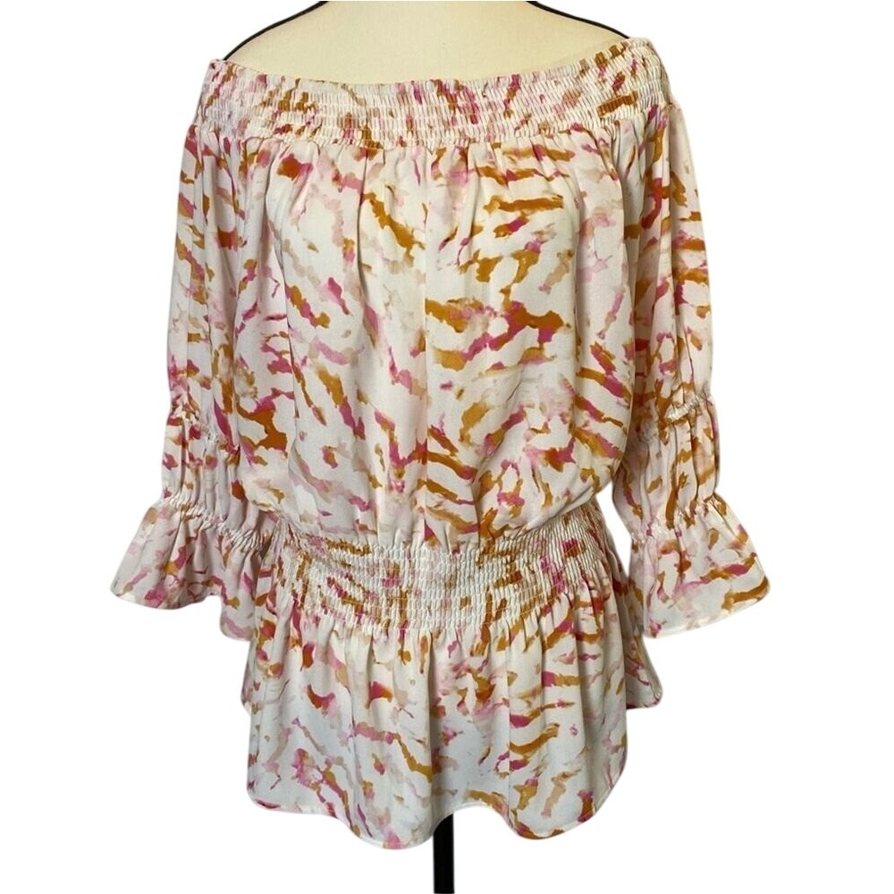 CAbi Drop Off Blouse Women's Size Large # 6202 Spring White Pink Floral Abstract